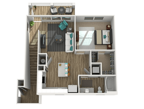 Floor plan for 1 bed, 1 bath, 907 sqft